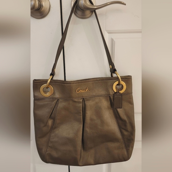 Coach Ashley Leather Hobo Bag Bronze Metallic Gold Accents Bag Charm Logo - Picture 1 of 5